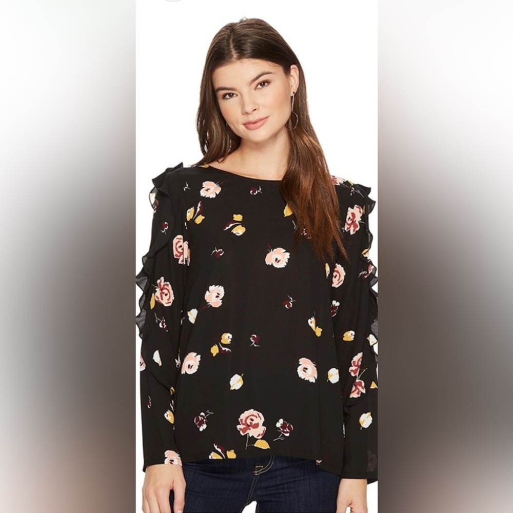 1. State Blouse Black & Pink Floral Long Sleeves W/Ruffles Keyhole Back S